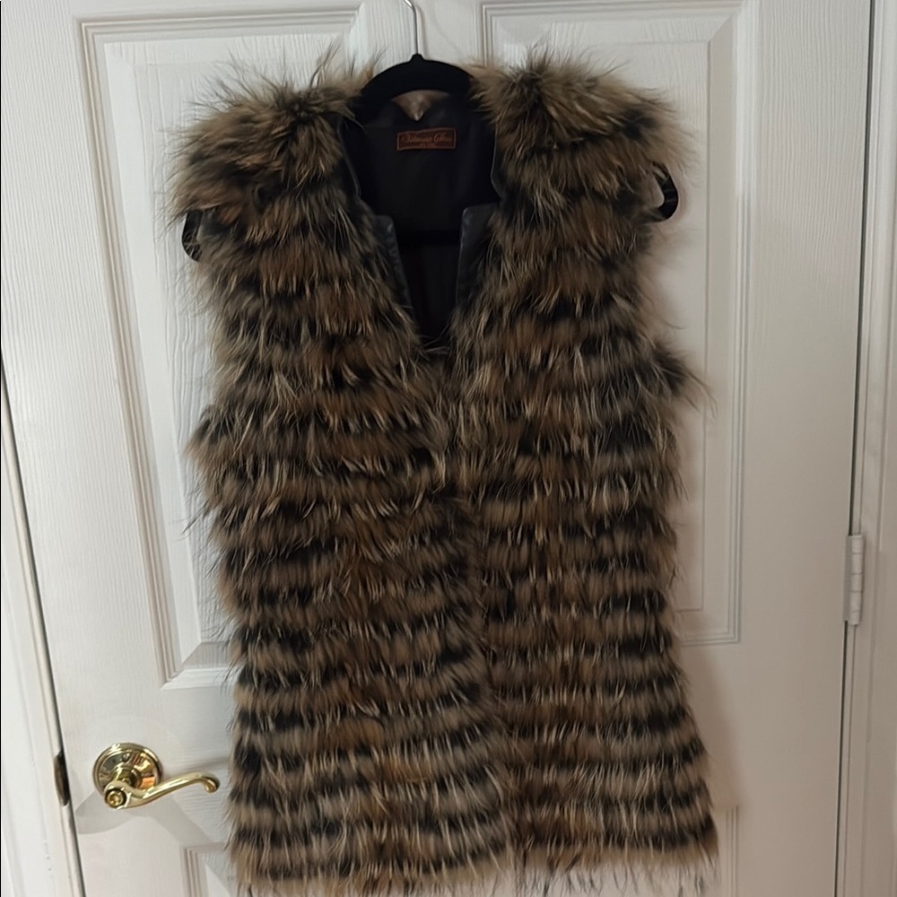 Women's rabbit Fur and leather Vest in Brown and Black Victoria stass small